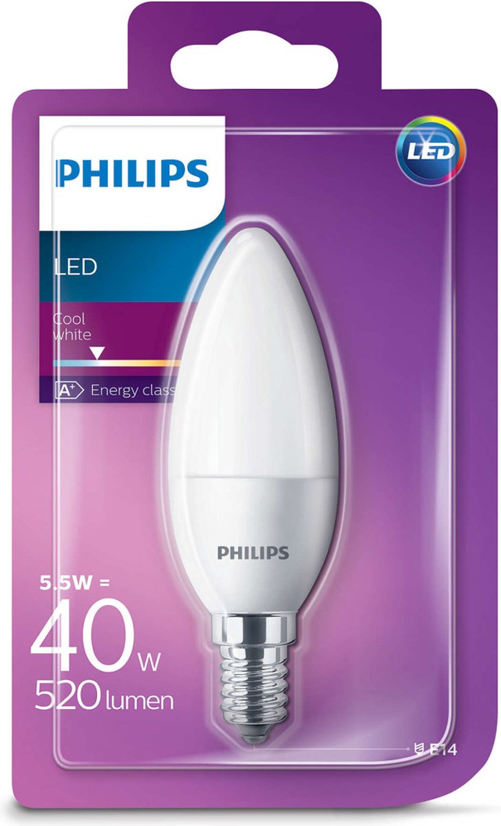 Philips LED Lamp Kaars Mat 5,5W (40W) E14, koel wit