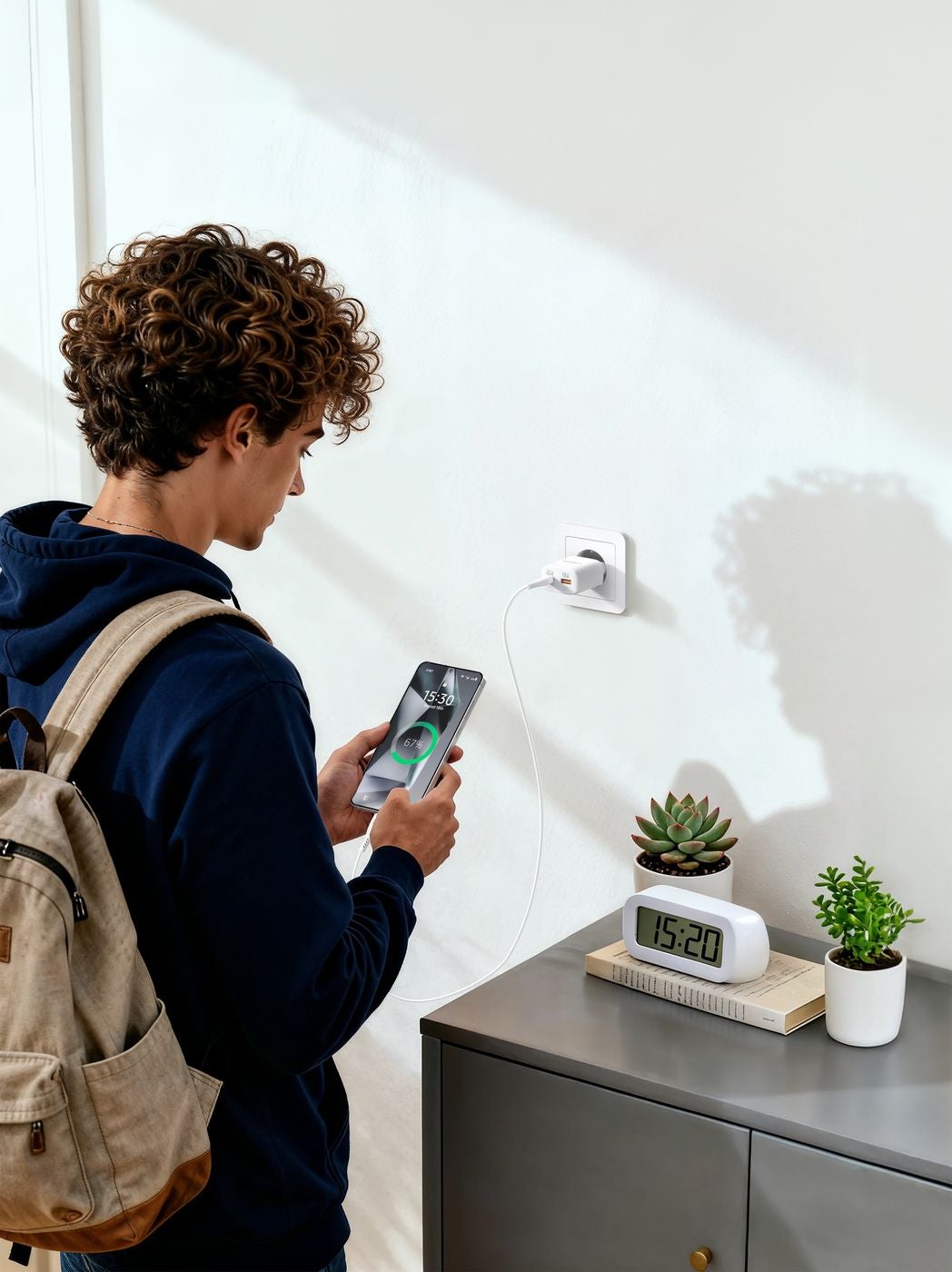 Veger snellader 45 Watt 2x USB Poort + USB-C Kabel 1,5m Nylon Wit