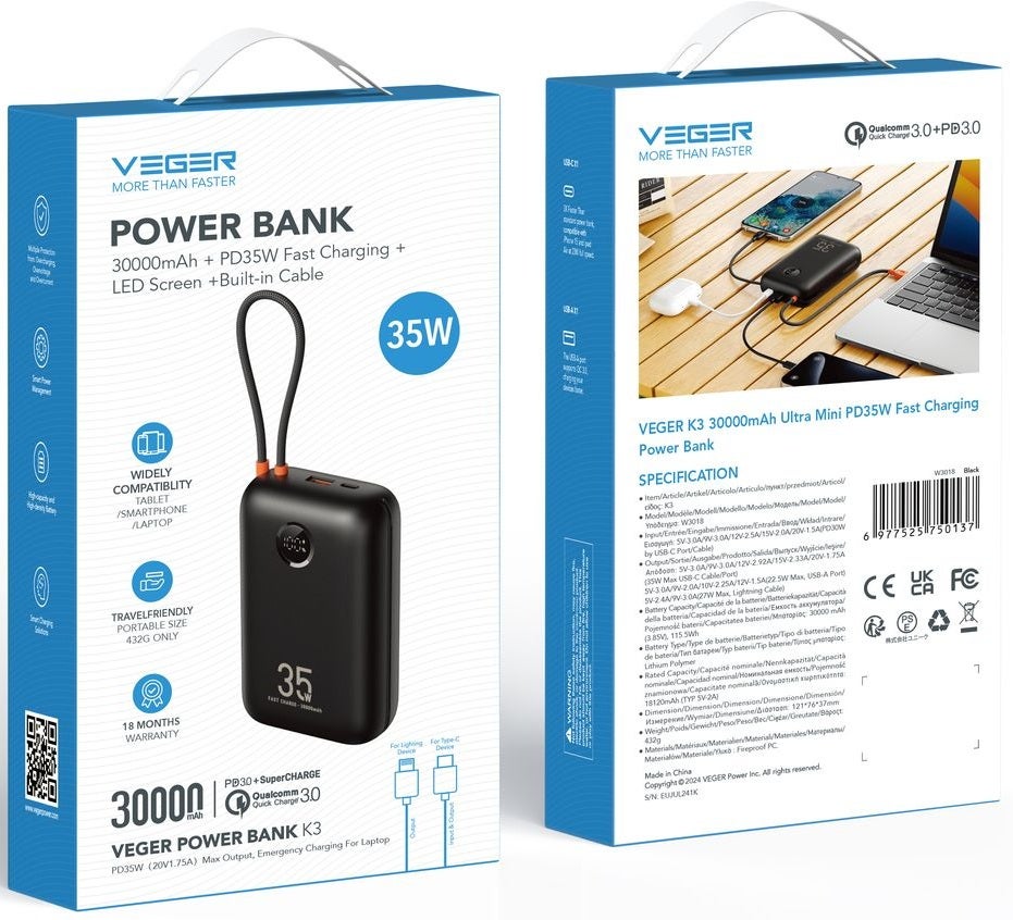 Veger K1 W1188 10.000 mAh Powerbank Zwart