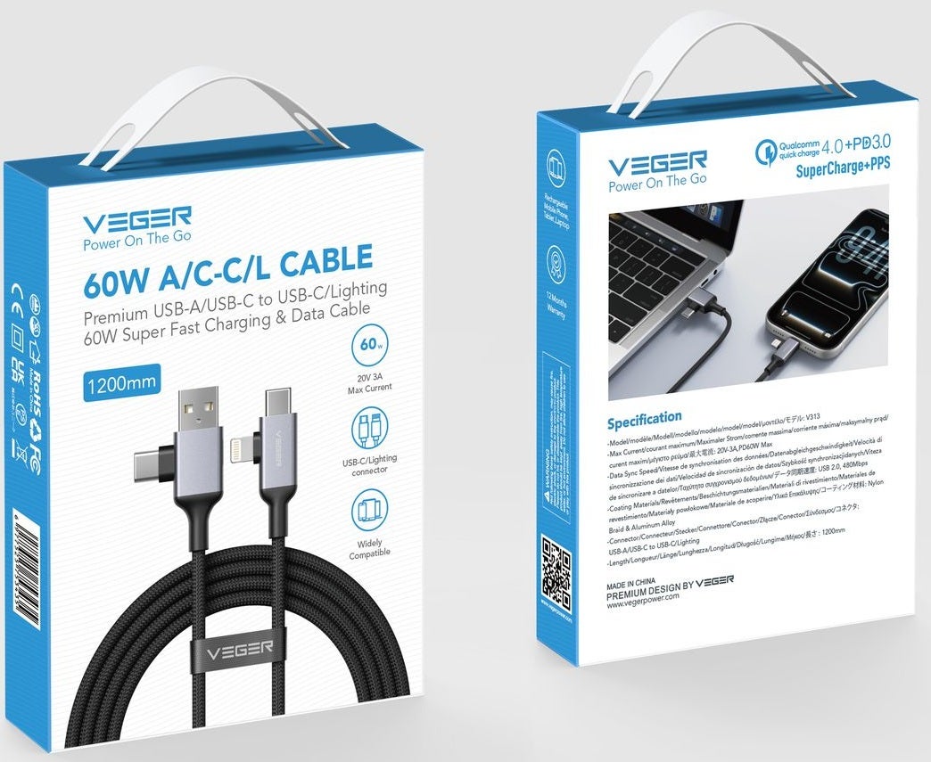 Veger V313 4 in 1 USB-A USB-C Lightning kabel 1.2m Braided Aluminium 60 Watt