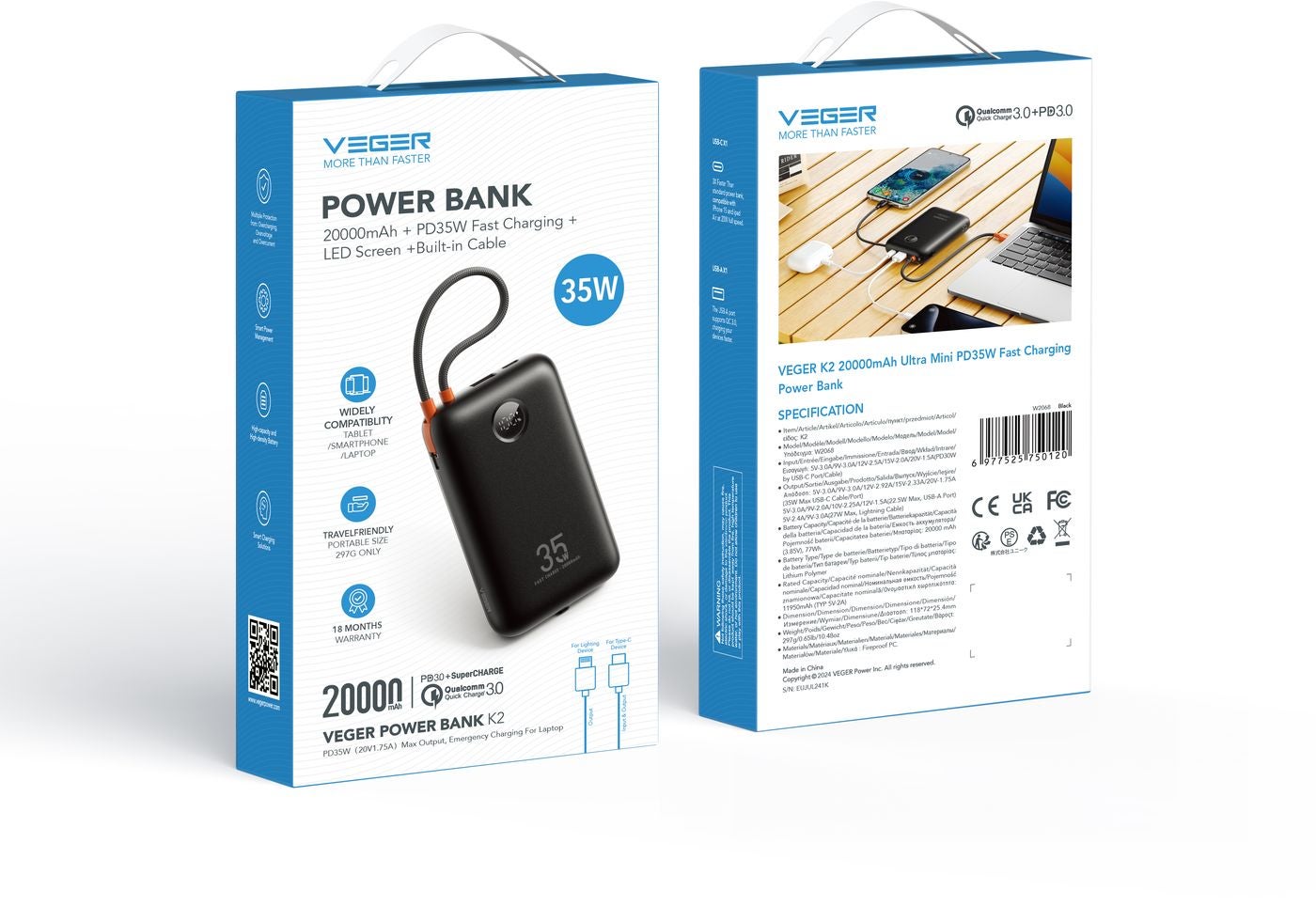 Veger K2 W2068 20.000 mAh Powerbank Zwart