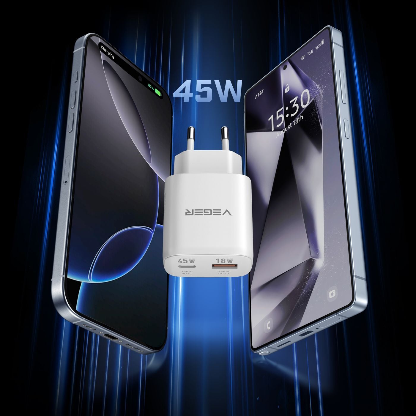 Veger snellader 45 Watt 2x USB Poort + USB-C Kabel 1,5m Nylon Wit